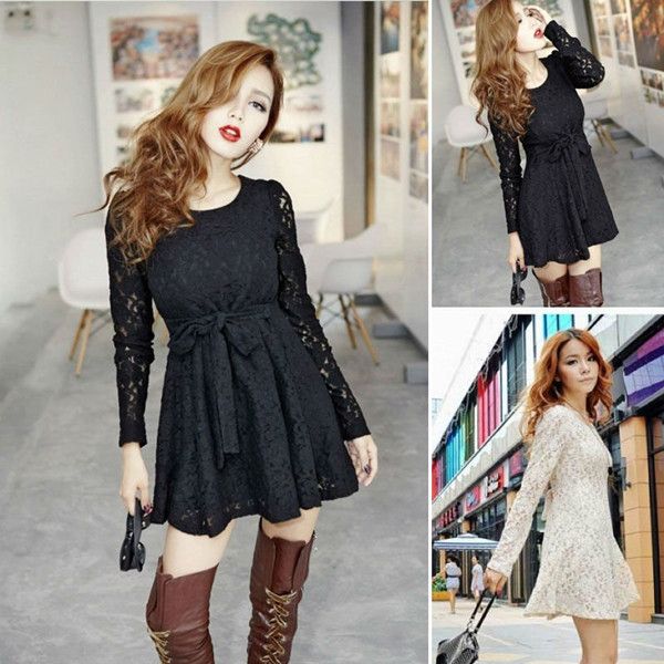 Vestido de renda manga longa com zíper